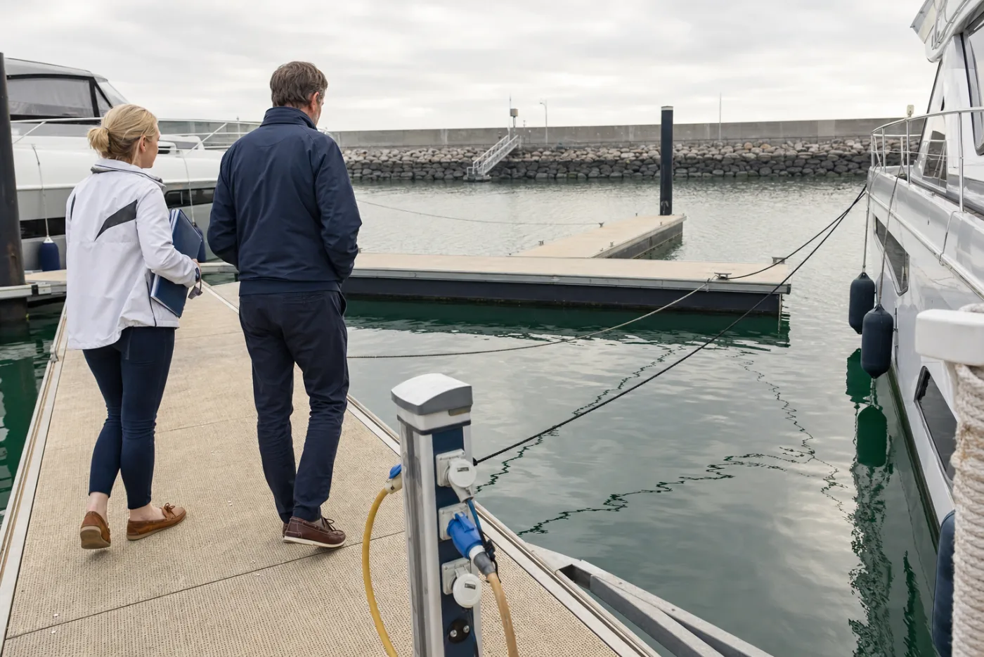 A berth agent and a buyer walking a marina pontoon with paperwork